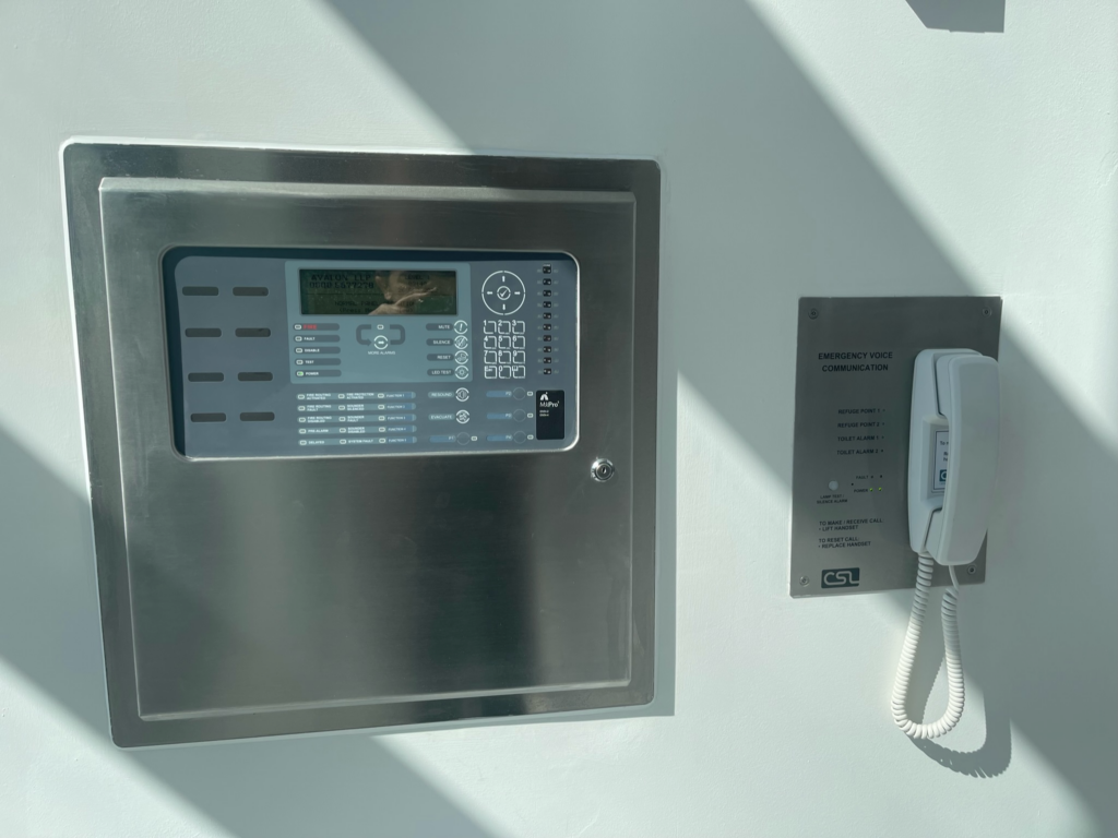 : A wall-mounted emergency voice communication system (EVC) providing a secure link between disabled refuge areas and fire wardens during an evacuation.