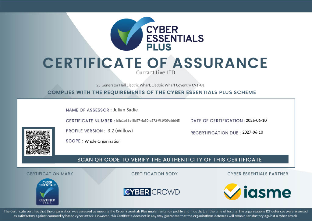 Currant live achieves Cyber Essential plus certification