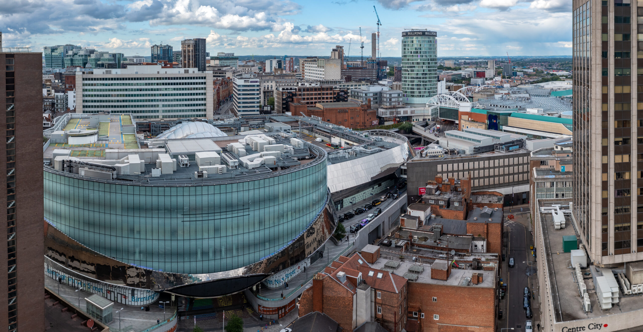 Aerial view of Birmingham New Street Railway Station cityscape skyline where Currant Live have installed Commercial CCTV in the past