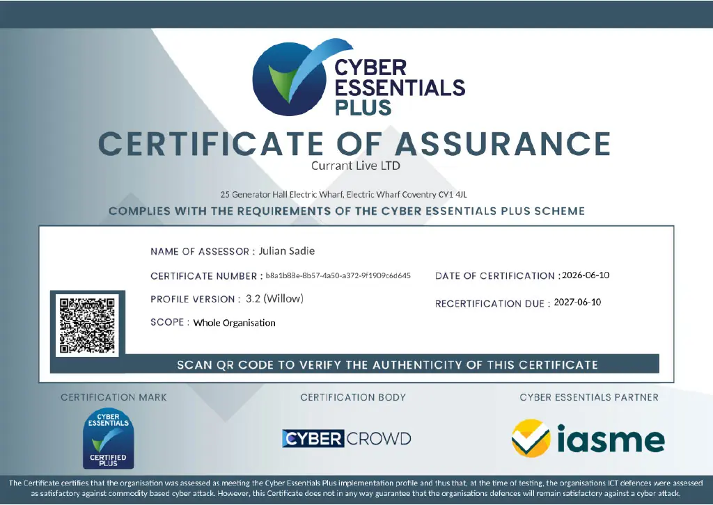Currant live achieves Cyber Essential plus certification